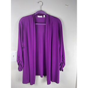 Susan Graver Purple Open Front Cardigan XL Ruched Sleeve Stretch Knit